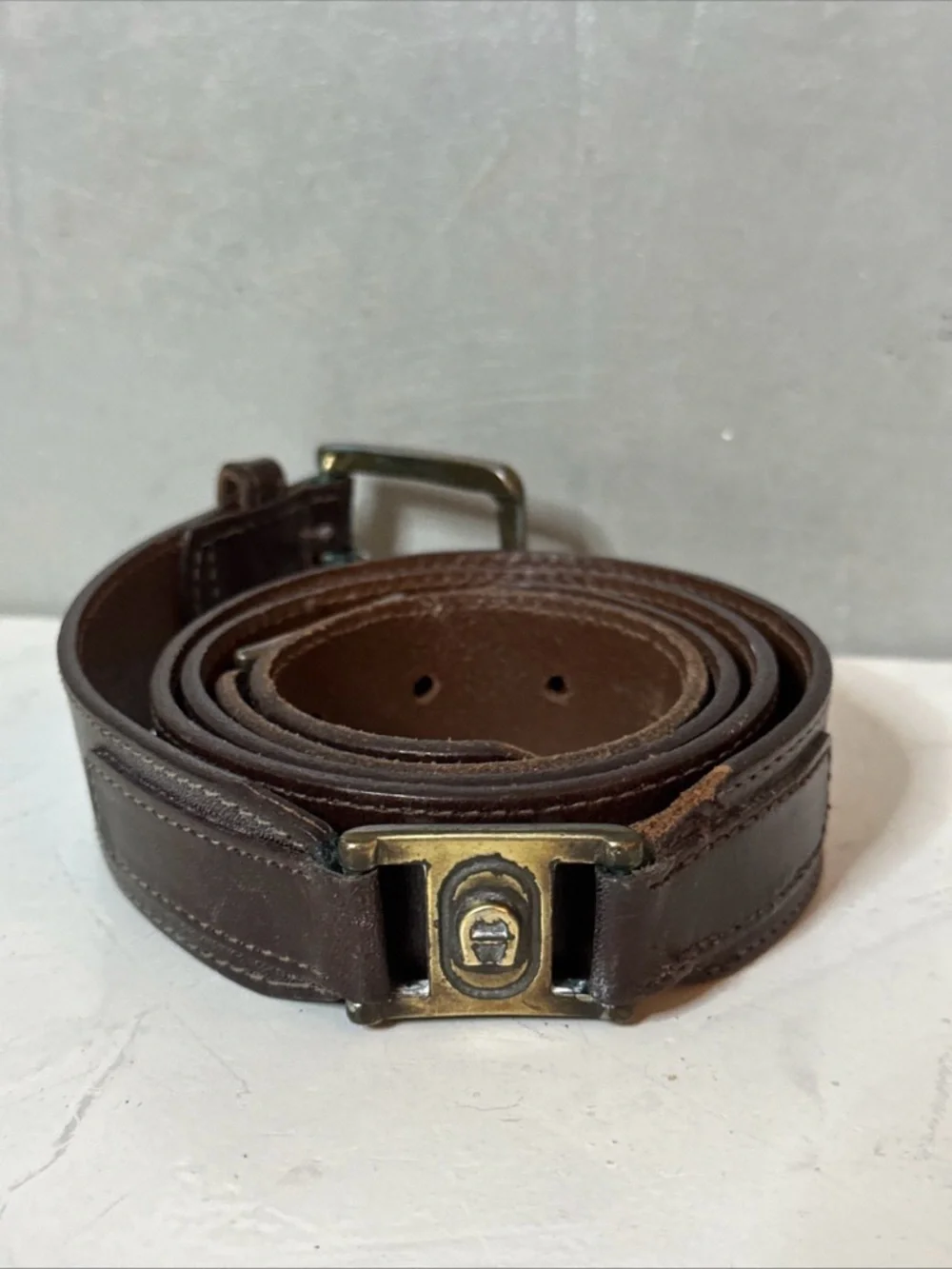 Etienne Aigner HAND MADE Leather Belt  42 Logo Buckle  Brown Vintage